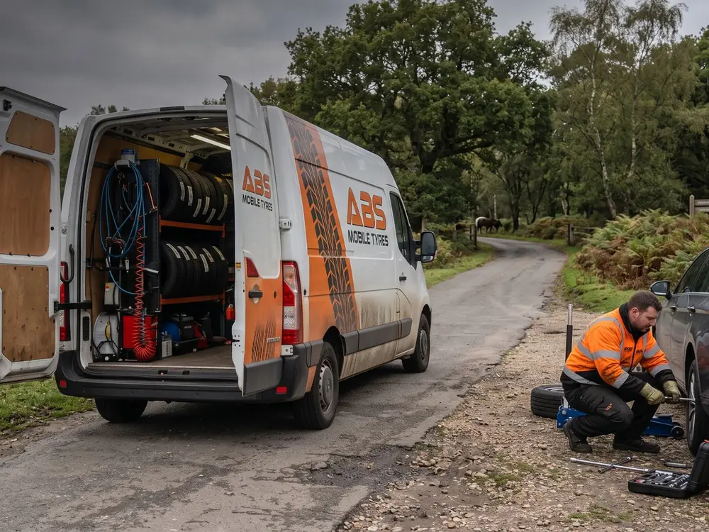 An ABS Tyres technician changing a wheel beside the ABS mobile tyre van on a New Forest lane, with ponies grazing behind