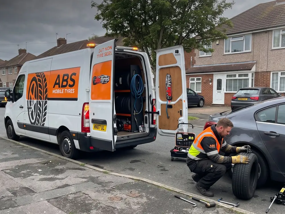 An ABS Tyres technician inspecting a tyre at the kerbside beside the ABS mobile tyre van