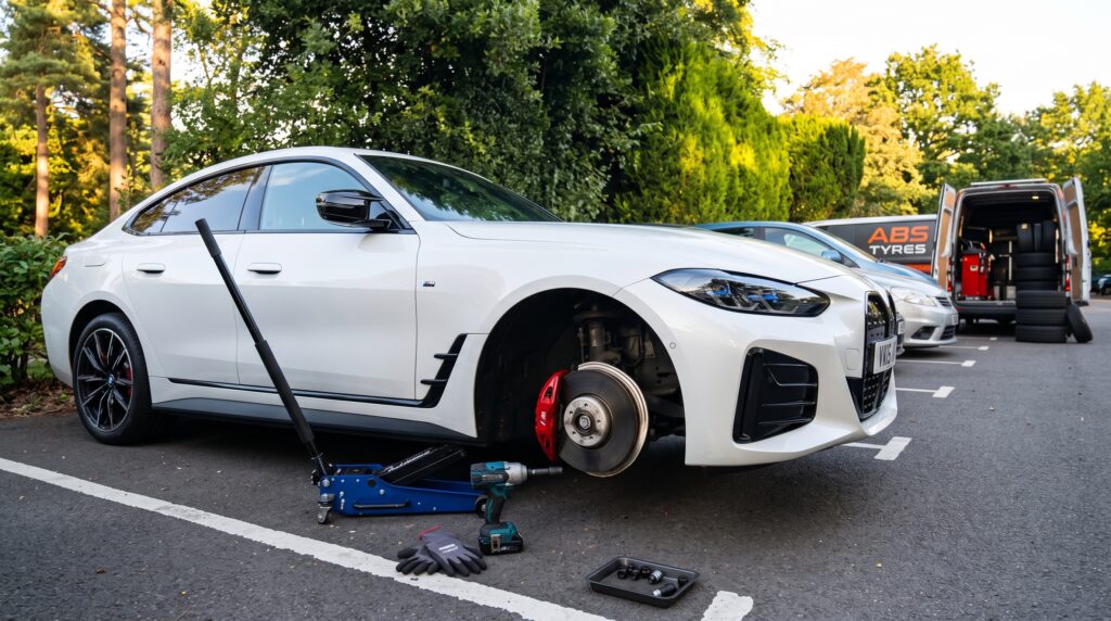 White car safely jacked up in a parking area for an emergency mobile tyre replacement, featuring a heavy-duty blue trolley jack and high-torque impact wrench used to resolve a puncture on-site.